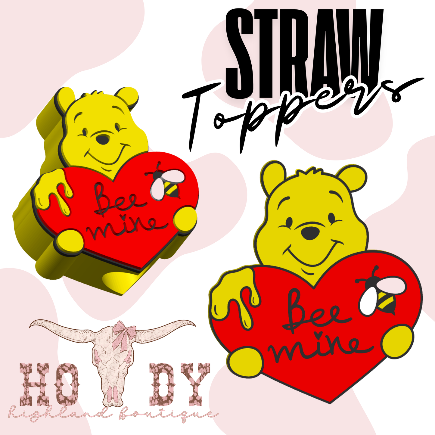 Yellow Bear with Red Heart Straw Topper