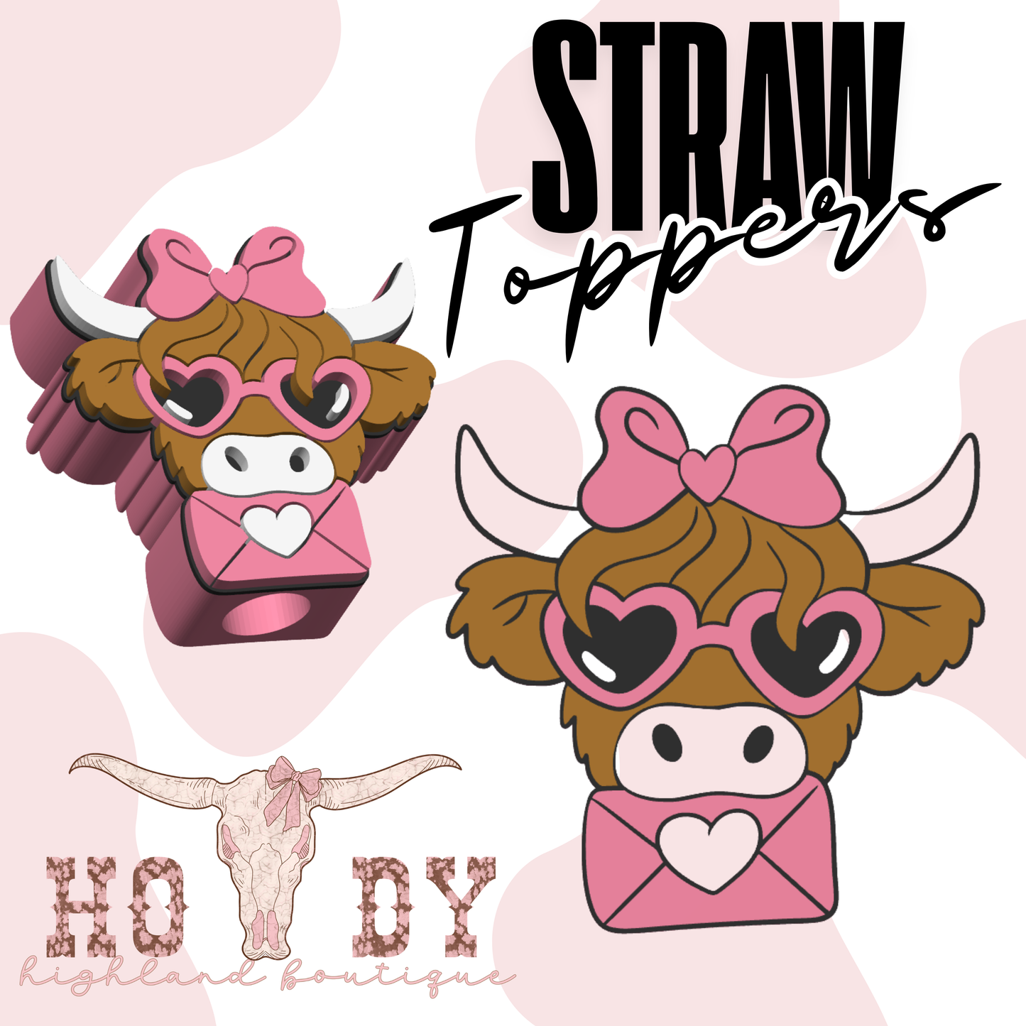 Valentines Highland Cow Straw Topper