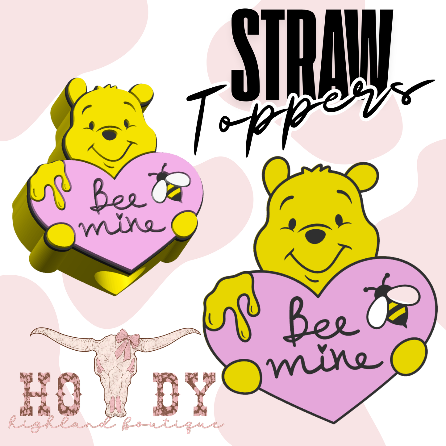 Yellow Bear with Pink Heart Straw Topper